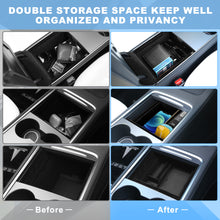 Load image into Gallery viewer, Tesla model 3/Y 5Pcs Upgraded Center Console Organizer Tray Interior Accessories Compatible for 2021 Tesla Model 3 Model Y Flocked/Silicone Armrest Hidden Drawer Storage Box Webcam Cover and Tissue Holder
